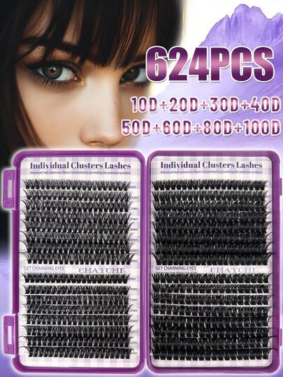 CMAYOME 640/624PCS Curled And Fluffy Synthetic Eyelashes, DIY Eyelashes: 10D + 20D + 30D + 40D + 50D + 60D + 80D + 100D, 9-16mm. Large-Capacity Synthetic Beaver Fur Eyelash Single-Lash Book, Suitable For Daily Work, Daily Life, Parties And Clubs, Music Parties, Stages, Weddings - Eyelash Clusters, Clusters, Single Lashes, Lashes, Artificial Lashes.