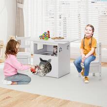 3 PCS Kids Table And Chairs Set Furniture W/Cat House Hole & Window 2 Chairs - White - View 3