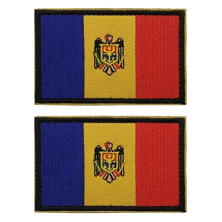 2 PCS Moldova Flag Patches Embroidered Tactical Military Morale Patch Applique Fastener Hook And Loop{Inchcolor_nameinch:InchMoldovainch} - Moldavia - View 1