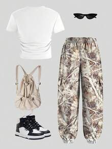 Young Girl Bow Print Short Sleeve T-Shirt And Camouflage Cargo Pants Casual Outfit - White - View 3