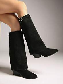 French Style Slim High Heel Thigh High Boots For Women, Autumn/Winter New Fashion Vintage Pants Leg Long Boots - Black - View 2