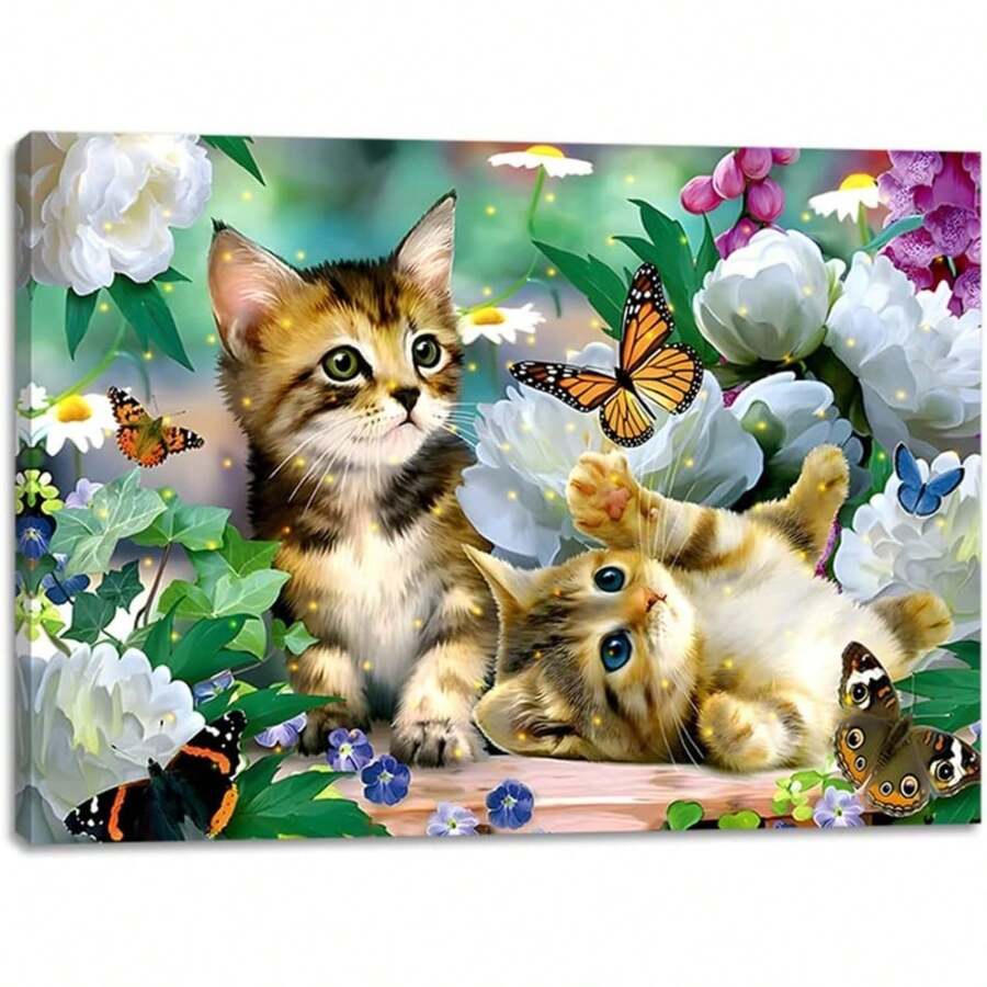 2025 Christmas Canvas Wall Art Print 12" X 16" With Timer | LED Lighted Design - Kitten Playing Butterfly - View 1