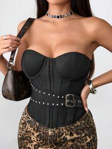 JSE Asymmetric Design Hook Waist Belt Fishbone Waist Gathering Fashionable Bustier Crop Top - Black - View 1