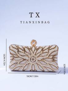 Elegant Pearl Box-Shaped Evening Bag, Romantic Wedding Clutch, Luxury Sequin Decor Formal Dress Handbag, Bridal Purse, Formal Party Crossbody Chain Bag, For Women - Gold - View 10