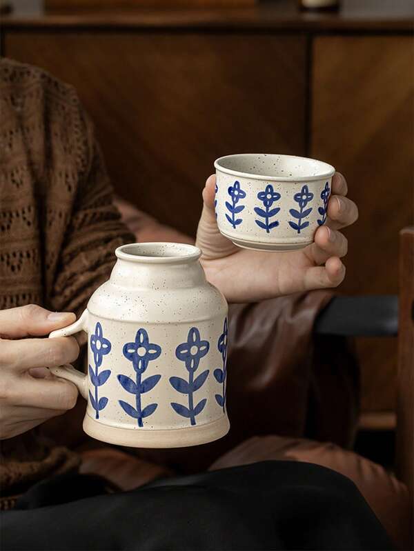 Vintage handbemalter Keramik Teekanne mit Deckel, Retro Blumen Keramik Teekanne und Tasse Set, Büro/Studenten Teekocher und Wassertasse, Geschenk für Feiertage/Frauen