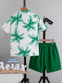 男童休闲印花拼接落肩短袖衬衫上衣和抽绳短裤两件套，夏季套装 - 綠色 - 查看 2