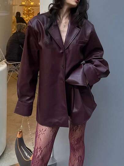 Nieuwe stijlvolle en elegante effenkleurige PU-leren jas met knoopsluiting aan de voorkant, geschikt voor casual, avond-, kantoor- en schoolkleding