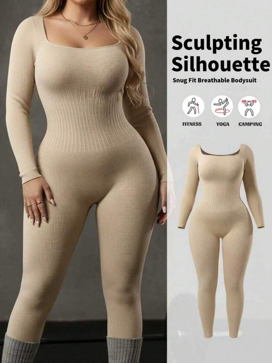 Winter Plus Size Women Seamless Slimming Jumpsuit With Compression, Long Sleeve And Pants