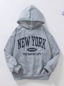 Teena Girl Clothes Letter Pattern Printed Hooded Sweatshirt - Comfortable Long-Sleeved Casual Pullover, Machine Washable, Daily Essential, Loose Style, Suitable For Both Boy And Women, Street Style, Suitable For School, Vacation, Shopping, Sports And Other Occasions - Grey - View 2