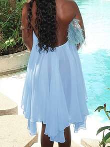 女士露背吊带无袖迷你连衣裙，性感优雅时尚派对半身裙，适合办公室、通勤和夏季度假穿着 - 天藍色 - 查看 5