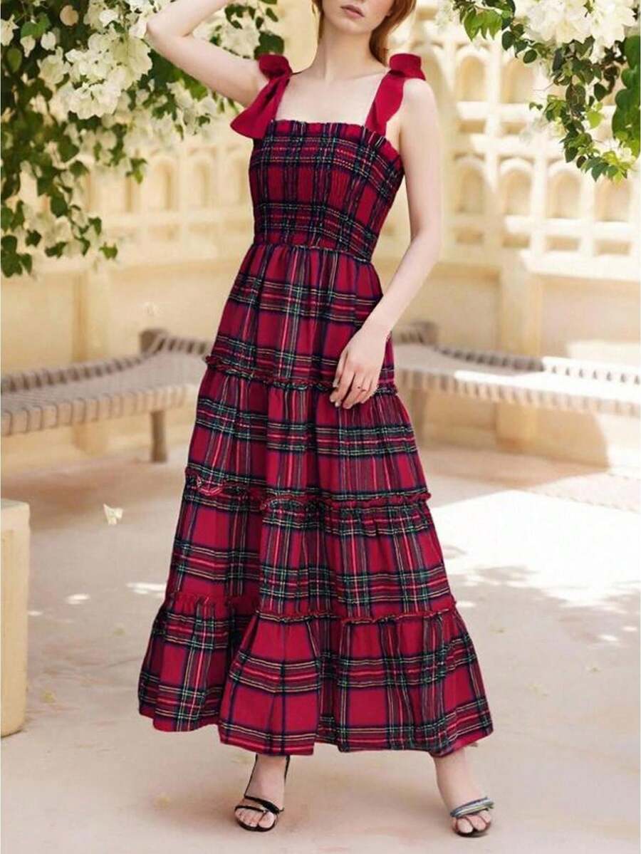 Plaid Maxi Dress For Women Sleeveless Ruffle Strap Square Neck Smocked Flowy Backless Xmas Gingham Party Long Dress - 紅色 - 查看 1
