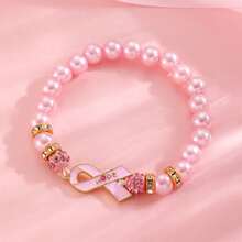 1pc Pink Ribbon Breast Cancer Awareness Faux Pearl & Rhinestone Beaded Bracelet, Suitable For Daily Wear Or Holiday Gift - Kiểu G-556 - Xem 6