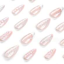 French Fake Nails Medium Silver Press On Stiletto Nails Full Cover Heart Acrylic Fake Nails For Women And FFgirls 24PCS{Inchcolor_nameinch:InchColor6inch} - 顏色6 - 查看 5