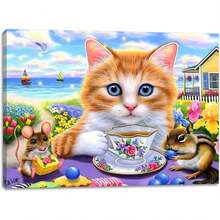 2025 Christmas Canvas Wall Art Print 12" X 16" With Timer | LED Lighted Design - Cat Tea TIme - View 1