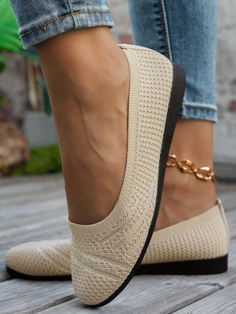 Women's Flat Casual Knit Shoes, Comfortable Breathable Athletic Sneakers, Slip-On Solid Color Loafers, Work Shoes, Suitable For Mothers - Beige - View 1