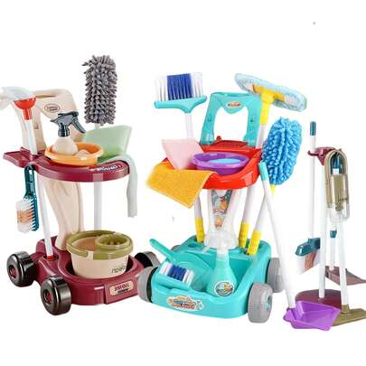 Kids Pretend Play Cleaning Trolley, Cleaning Tool Set (Accessories Style And Color Randomly Assorted), Broom, Cleaning Tools For Early Education, Housework Training For Boys And Girls, Mini Mop Playset, Develops Children's Hands-On Ability, Pretend Play Gift