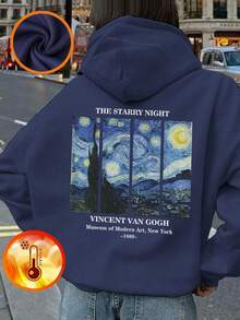 1 件青少年女孩休闲印花套头连帽衫，秋冬季学生保暖内衬厚款运动衫，追星族的宇宙设计 - 藏蓝色 - 查看 2