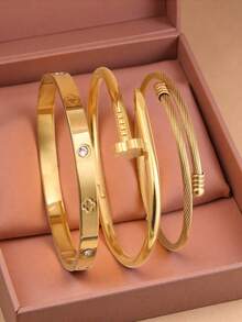 1 قطعة/3 قطع سوار من الفولاذ المقاوم للصدأ، مطلي بالمرآة، مطلي بالفراغ، لا يتلاشى، طراز كلاسيكي عصري، مناسب للارتداء اليومي، إكسسوارات مجوهرات ذهبية، سوار نسائي، مجوهرات نسائية من الفولاذ المقاوم للصدأ - مجموعة أساور من 3 قطع - مشاهدة 12