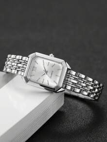 4件套女士优雅方形罗马数字表盘不锈钢表带石英表+手链套装，时尚休闲（套装不含手表） - 銀色 - 查看 8