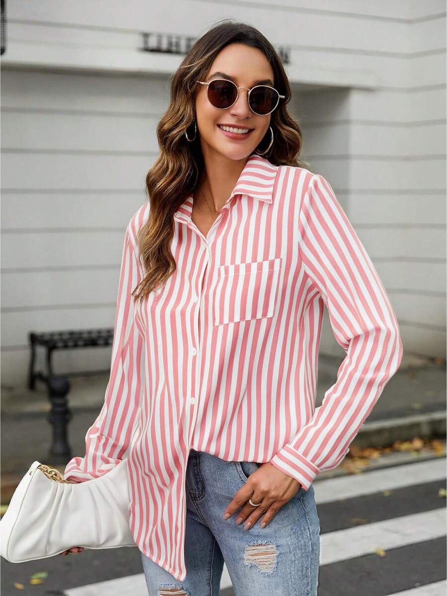 Elegante Camisa A Rayas Para Mujer,Camisa Con Botón Delantero,Blusa De Manga Larga - Rosa - Ver 1