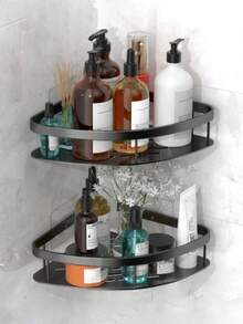 2 pezzi Mensola da bagno a parete di grande capacità, senza bisogno di foratura, salvaspazio, facile installazione, può contenere articoli da toeletta, cosmetici, shampoo e bagnoschiuma, materiale in plastica resistente, portaoggetti da doccia - nero - Visualizzare 8