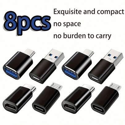 8 Pcs 4-In-1 USB To Type-C Adapter Set, Supports Connection To Multiple Devices Such As Computers, Mobile Phones, And Cars, And Has A Dual-Head Design With Female Plug And Male Output For Plug-And-Play Use