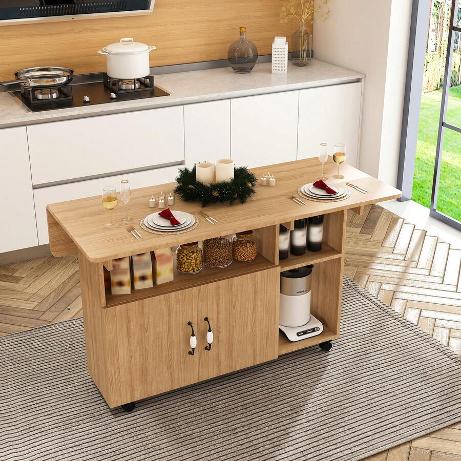 47 Inch Foldable Dining Table / Multi-Functional Kitchen Island With Storage Shelves And Wheels / Width Can Be Reduced To 12 Inches / Easy To Assemble / For Small Spaces,  Kitchen, Dorm, Offic - 胡桃木 - 查看 1