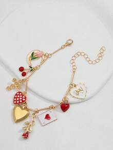 1pc Cherry & Strawberry Heart Enamel Bracelet, Rose Flower Charm, Cross Bow Peach A Pendant, Tulip Moon Versatile Multi-Element Chain Bracelet For Women - one-size - View 5
