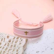 1pc Embroidered Cross Boho Handmade Braided Tassel Bracelet - Baby Pink - View 7