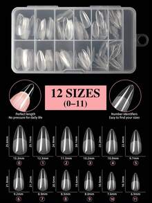 120 片半哑光半覆盖杏仁形假指甲，多角度展示亚克力指甲片，边缘较薄，贴合自然，前端较厚，经久耐用