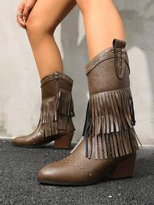 Botas Altas Estilo Ocidental de Bico Fino, Salto Grosso, Casual Versátil, Franja, Corte em V, Nova Moda de Inverno 2025, Elegante e Confortável, Alongamento de Perna para Mulheres, Botas Country - Castanho - Visão 4