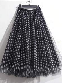 Váy midi chữ A kẻ caro lưới thời trang nữ LuminousWealth, phong cách và đa năng cho trang phục thường ngày hoặc công sở, phù hợp với mọi mùa - Lưới đen trắng - Xem 4