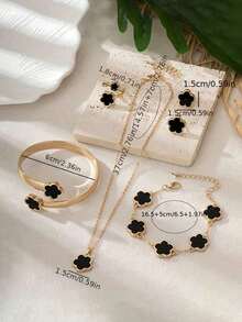 1 Set Classic Clover Necklace, Earrings And Bracelet Jewelry Set, Elegant Gift For Teens And Friends - màu đen - Xem 2