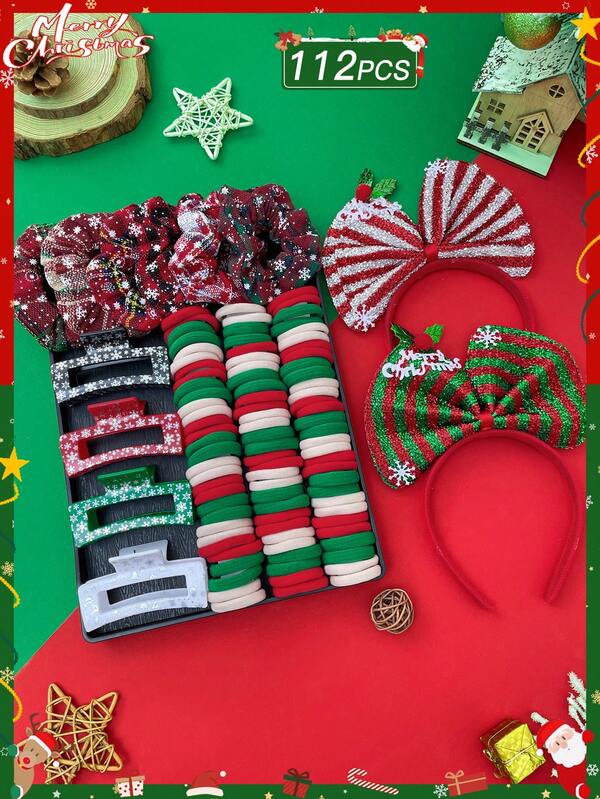 112pcs Women's Christmas Hair Accessories Set, Including Christmas Hair Scrunchies, Christmas Headbands, Christmas Hair Clips, Christmas Spiral Curls, Sweet & Cute Style, Female Hair Decorations, Suitable For Casual Daily And Holiday Parties, Christmas Gift, Christmas Hair Accessories, Winter Women Accessories., Ponytail Holders