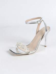 Sandalias de tacón alto de moda para mujer, de gelatina, con correa, tobillo, hebilla, cadena de perlas falsas, punta cuadrada abierta, talón abierto, de verano para exteriores, color plata regular, tacón, minimalistas, sexy, de fiesta, plateadas electrolíticas, tacón de aguja con rhinestones - Plateado - Ver 10