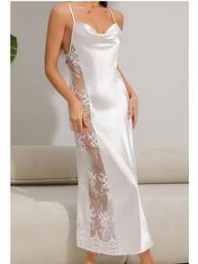 Mianlshi Women's Long Satin And Lace Nightgown - Sexy, Elegant And Comfortable Mianlshi Women's Nightgown, Satin Nightgown, Sexy Long Nightgown, Satin Lingerie, White Lace Nightgown, Elegant Nightgown, Sexy Women's Underwear, Satin Nightgown, Honeymoon Nightgown, Mianlshi Luxury Nightgown - trắng - Xem 10