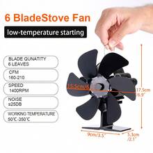 Black Fireplace Fan 6 Blades Heat Powered Stove Fan Firewood Log Wood Burner Mute Quiet Fan Home Heat Effecient Distribution - 9*5.3*17.5cm - View 4