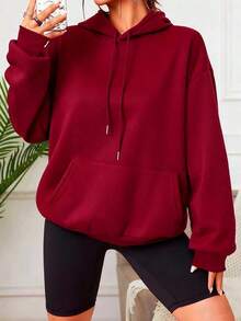 Sudadera Casual Sólida de Mujer con Capucha, Cordón y Bolsillos Canguro de Manga Larga Pullover - Burdeos - Ver 5
