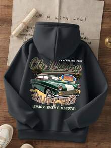 青少年男孩街头时尚复古汽车图案印花宽松长袖连帽卫衣，适合日常穿着、派对、上学、参加音乐节、度假、通勤等场合。 - 深灰色 - 查看 3