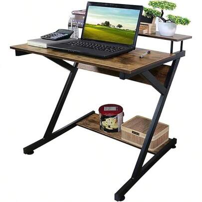Z-Shaped Computer Desk With Monitor Shelf - Engineered Wood Study Desk Ergonomic Home Office Workstation Space-Saving Design 70x60x84cm Easy Assembly