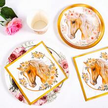 10pcs Gold Rim Floral Horse Design Disposable Plates, Napkins And Cups, Suitable For 10 Guests, One-Time Paper Plates Party Supplies For Birthday Party, Family Picnic - Multicolor - View 4