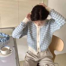 MURAMASA Cárdigan informal de punto a cuadros rosa y blanco para mujer con cuello redondo, mangas largas y botones, largo regular. - Azul - Ver 7