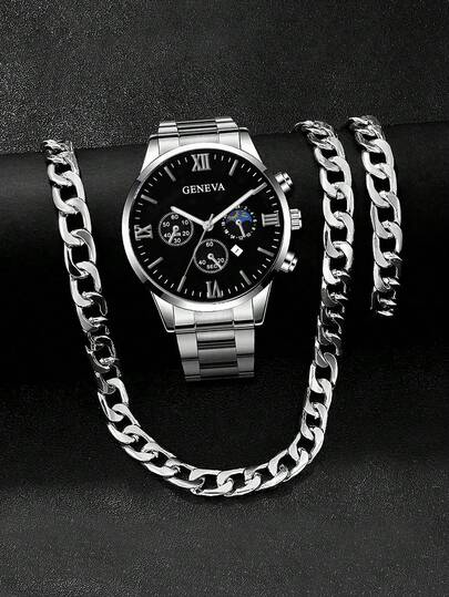 3 Pcs/Set Casual Sports Stainless Steel Quartz Watch, Bracelet And Necklace Set For Boys