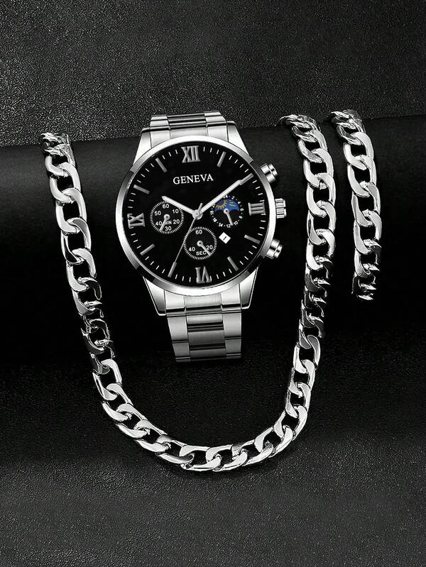 3 Stücke/Set Lässig Sport Edelstahl Quarzuhr, Armband und Halskette Set für Jungen