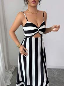 Women's Casual, Elegant & Daily Striped Smocked Backless Camisole Long Dresses For Travel, Vacation, Summer, Spring-Summer & Valentine's Day - Black and White - View 2