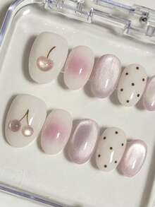 10pcs Pink Cherry Cute Nail Short Oval Gradient Pink Girl Heart Wave Point Nail Art Minimalist Style Handmade Wearing Nail Suitable For Girls' Daily Wear Use Pressing Nail Fake Flakes Nails Nail Supplies - Pink - View 4