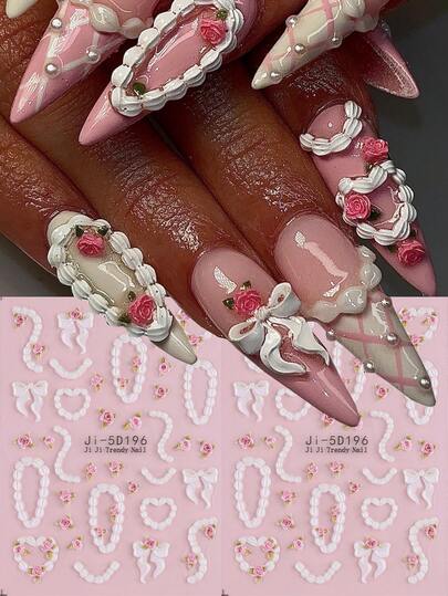 2 pezzi Adesivi per unghie in stile francese 5D, con decorazioni in rilievo a strisce, rose rosa e fiocchi, autoadesivi, per decorazioni di unghie french, design di unghie fresco e delicato