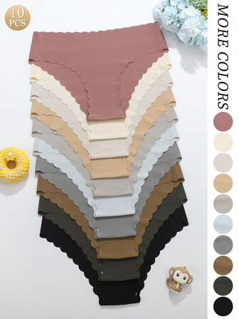 10pcs/Pack - Women's Seamless Wavy Edge Briefs, Comfortable Skin-Friendly Solid Color Sexy Ladies Briefs