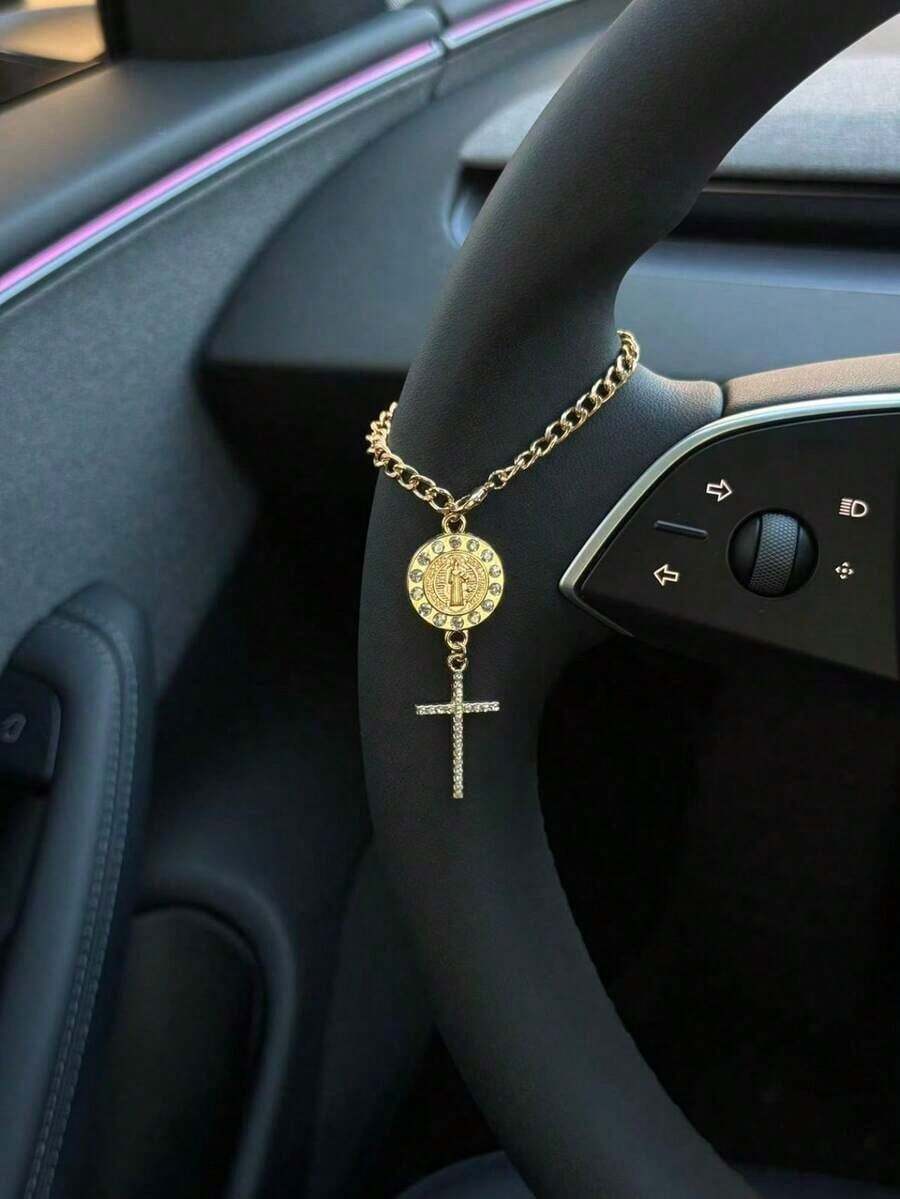 1pc Steering Wheel Decor, 15cm Adjustable Length, Minimalist, Cute, Creative Rosary Beads Car Charm Accessory, Unique Fashion Car Hanging Decoration - 綠色橢圓形盤子 + 水鑽雙十字架 - 查看 1