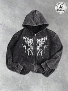 男士哥特图案连帽卫衣，微弹修身水洗复古保暖棉混纺黑色长袖拉链连帽衫，休闲日常校园季外套 - 黑色 - 查看 2